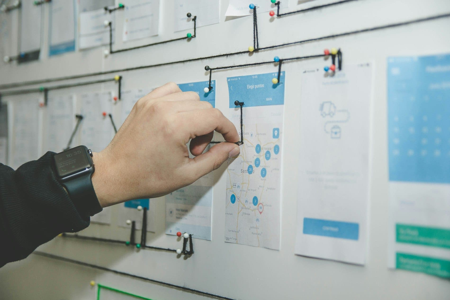 Process map of linked cards pinned to a wall