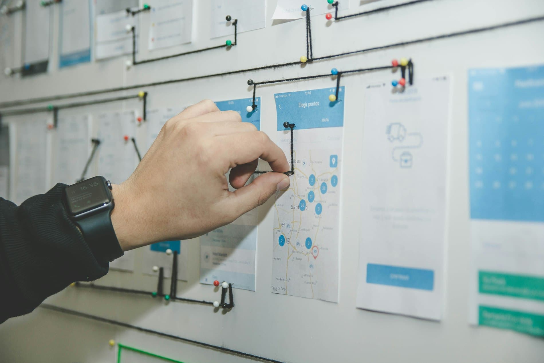Process map of linked cards pinned to a wall