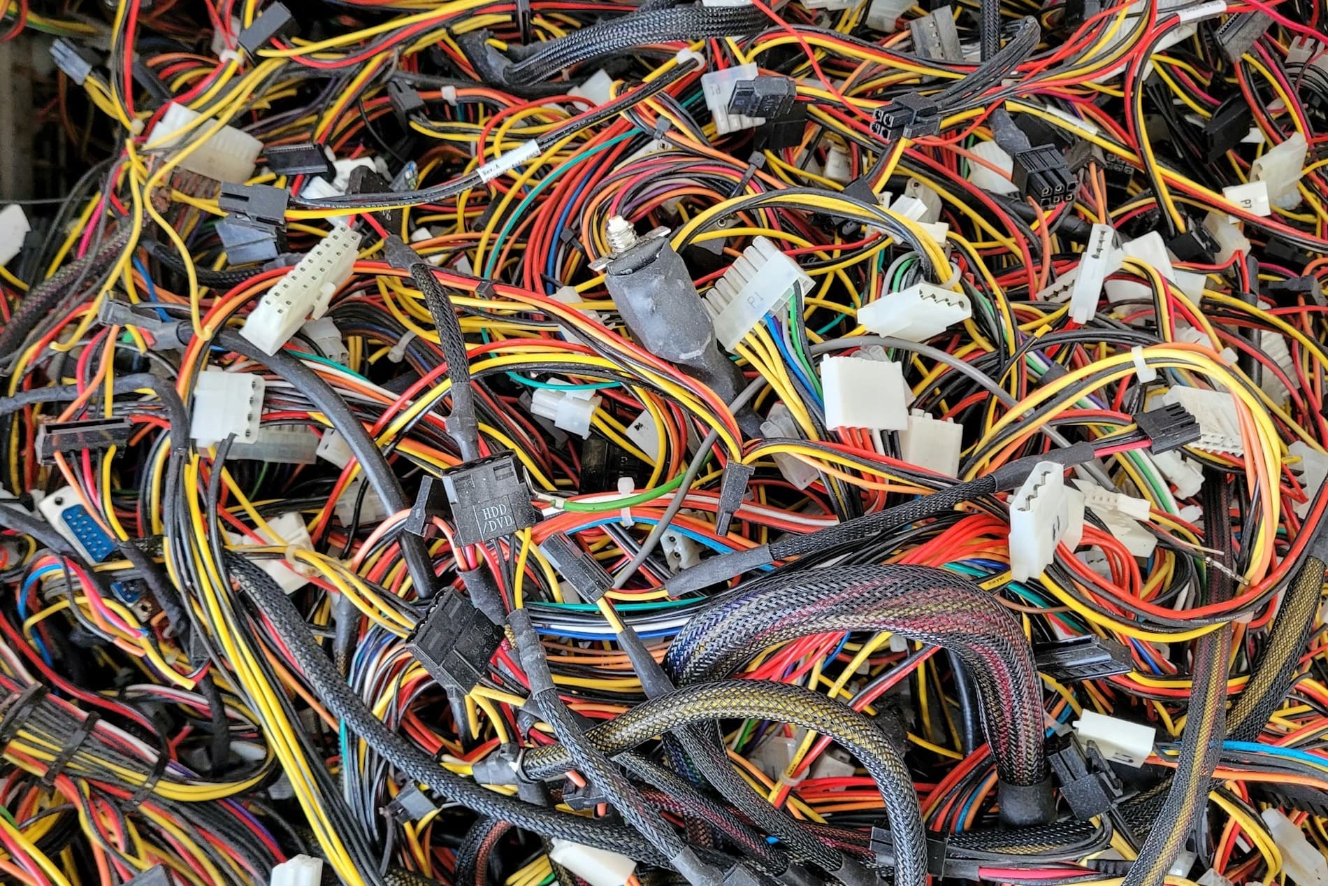 A dense tangle of coloured computer cables and connectors